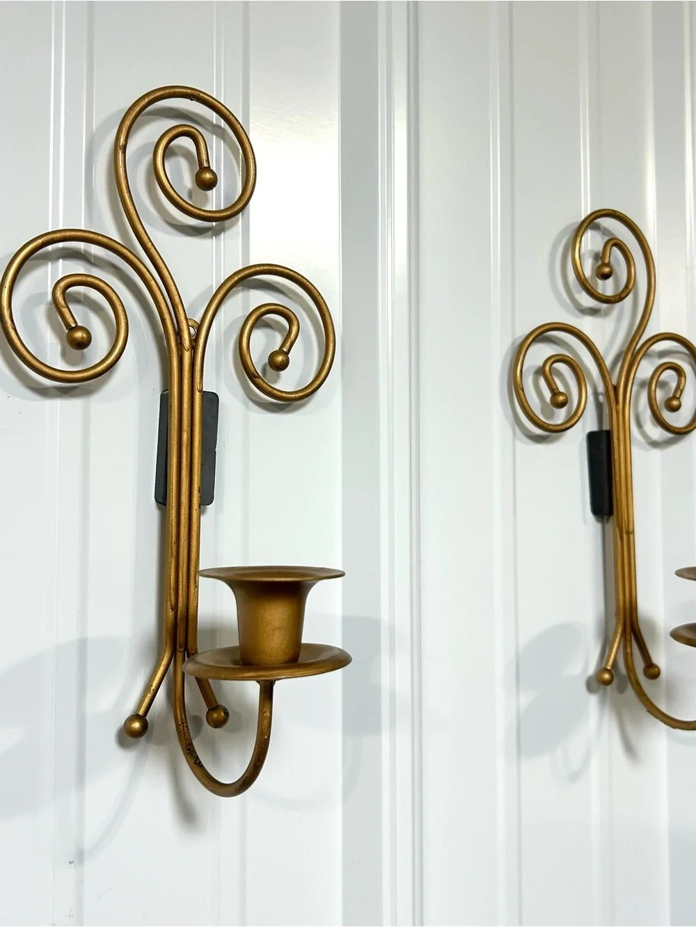 Home Interiors Vintage Antique Gold Metal Scroll Wall Sconce Pair Taper Candles